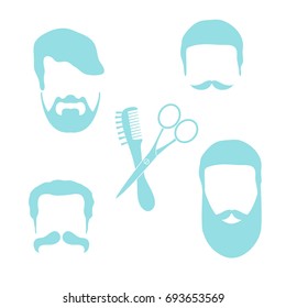 Cute vector illustration of men hairstyles, beards and mustaches, hairdresser tools care. Male haircuts. Barbershop symbol.