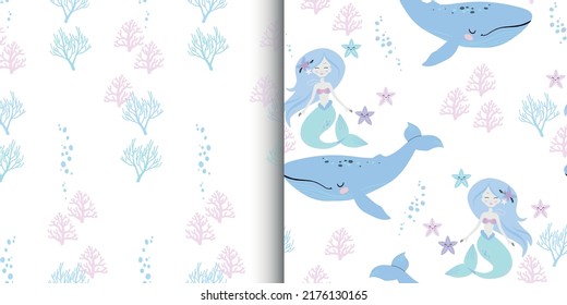 Cute vector illustration of a mermaid, a starfish and a fish. Template for various types of printing. Cute pictures for patterns, textiles, printing and postcards.
