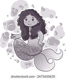 Cute vector illustration of mermaid with wavy hair and bubbles in grayscale