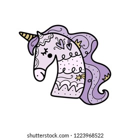 Cute vector illustration of minimalistic unicorn head. Can be used for poster and banner, children's book illustration, postcard, gift card, print for t-shirt, sticker, label and other. Isolated on