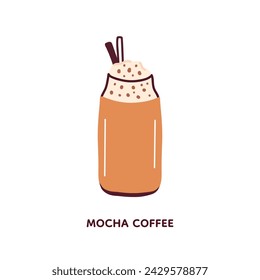Cute vector illustration of Mocha in glass with straw. Element isolated on white background. For menu, flyer, booklet, brochure, background, card, invitation.