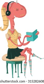 Cute vector illustration of a monster with a book, isolated on white, funny.