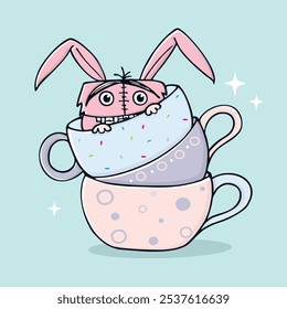 Linda Ilustración vectorial de conejo monstruo escondido en una pila de tazas. Concepto de diseño para niños