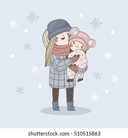 Cute vector illustration of mother and child. Hello winter.