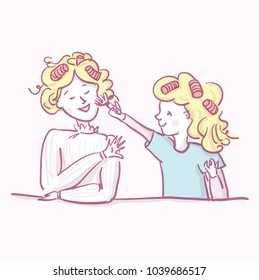 Cute vector illustration of mother and daughter having fun with curlers in the hair