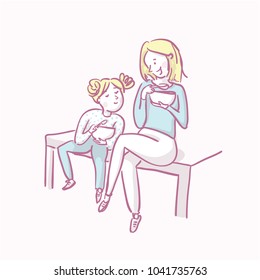 Cute vector illustration of mother and daughter eating together. Mother and daughter having breakfast cereal together. Mother and daughter eating together. Mother and daughter talking