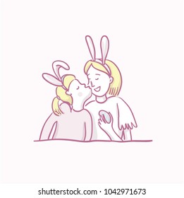 Cute vector illustration of mother and daughter with bunny ears and easter eggs. Family look. Fashion mother and daughter. Mother and daughter. Bunny ears woman. Happy mother and daughter