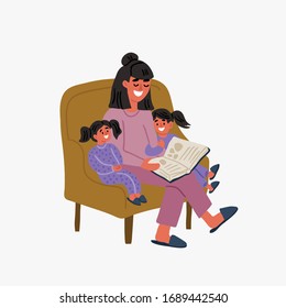 Cute vector illustration of mother and two children reading the book together in the chair. Family time. Nanny reading book to kids. Family illustration in cartoon hand drawn style