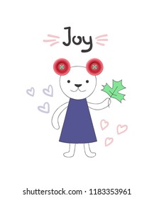 Cute vector illustration, mouse in cartoon style with realistic pink button ears, with hand drawn lettering word Joy. Scrapbook element. Art card for nursery or kids room poster background.