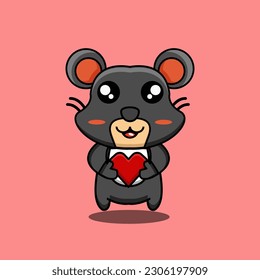 cute vector illustration of a mouse mascot holding a heart