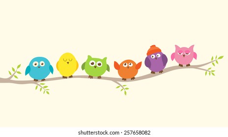 Cute vector illustration. Multicolored funny owls on the branch. Can be used for celebration card, invitation, children poster.