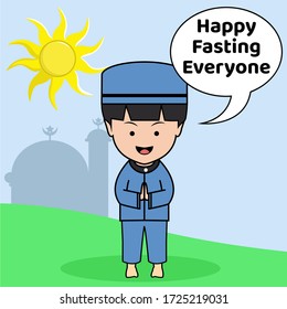 Cute Vector Illustration of Muslim Boy with Mosque as A Background and A Bubble Text