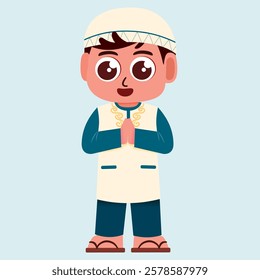 Cute vector illustration of a Muslim kid adn family in traditional attire. Perfect for education, stories, and cultural designs. Dad, Mom, Son and daughter