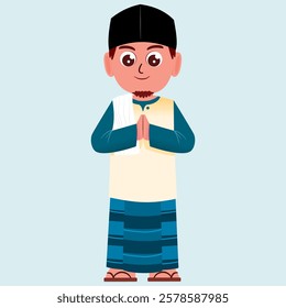 Cute vector illustration of a Muslim kid adn family in traditional attire. Perfect for education, stories, and cultural designs. Dad, Mom, Son and daughter