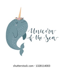 Cute vector illustration with narwhal baby for baby wear and invitation card.
