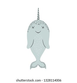 Cute vector illustration with narwhal baby for baby wear and invitation card.