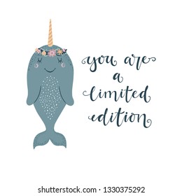 Cute vector illustration with narwhal baby for baby wear and invitation card.