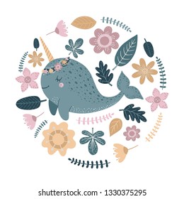 Cute vector illustration with narwhal baby for baby wear and invitation card.
