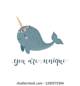 Cute vector illustration with narwhal baby for baby wear and invitation card.