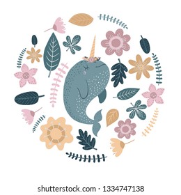 Cute vector illustration with narwhal baby for baby wear and invitation card.