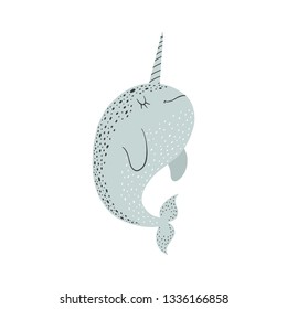 Cute vector illustration with narwhal baby for baby wear and invitation card.