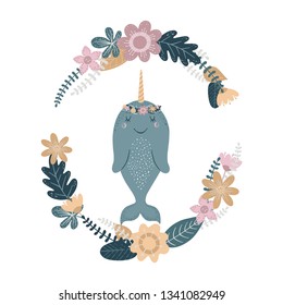 Cute vector illustration with narwhal baby for baby wear and invitation card.