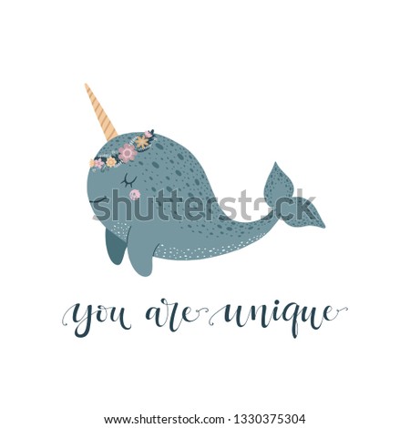 Cute vector illustration with narwhal baby for baby wear and invitation card.