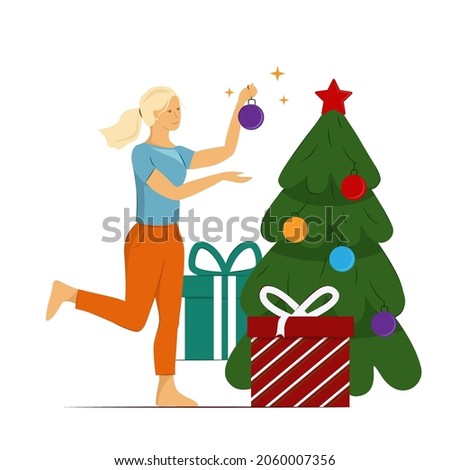 Cute vector illustration for the New Year holidays. The girl decorates the Christmas tree, hangs a bright ball. There are gifts under the tree.