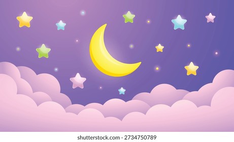 Cute vector illustration of a night sky with colorful stars, moon, and soft clouds. Adorable  lullaby artwork for children