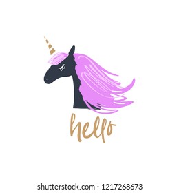 Cute vector illustration of night unicorn head. Fast sketch.