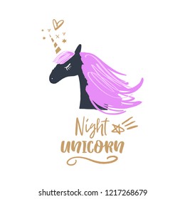 Cute vector illustration of night unicorn head. Fast sketch.