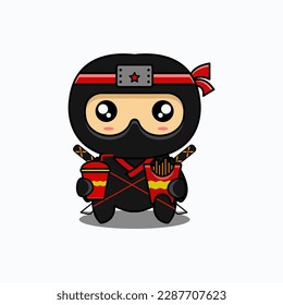 cute vector illustration of ninja with fast food