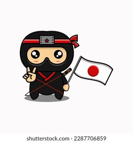 linda ilustración vectorial de ninja con bandera japonesa