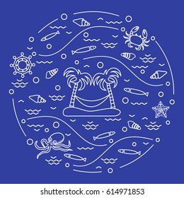 Cute vector illustration with octopus, fish, island with palm trees and a hammock, helm, waves, seashells, starfish, crab arranged in a circle. Design for banner, poster or print. 