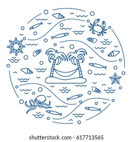 Cute vector illustration with octopus, fish, island with palm trees and a hammock, helm, waves, seashells, starfish, crab arranged in a circle. Design for banner, poster or print. 