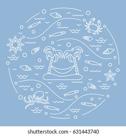 Cute vector illustration with octopus, fish, island with palm trees and a hammock, helm, waves, seashells, starfish, crab arranged in a circle. Design for banner, poster or print. 