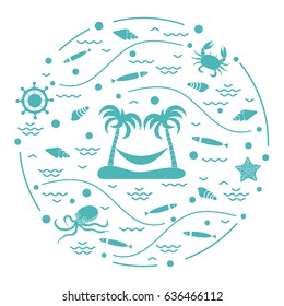Cute vector illustration with octopus, fish, island with palm trees and a hammock, helm, waves, seashells, starfish, crab arranged in a circle. Design for banner, poster or print. 