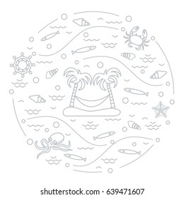 Cute vector illustration with octopus, fish, island with palm trees and a hammock, helm, waves, seashells, starfish, crab arranged in a circle. Design for banner, poster or print. 