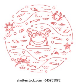 Cute vector illustration with octopus, fish, island with palm trees and a hammock, helm, waves, seashells, starfish, crab arranged in a circle. Design for banner, poster or print. 