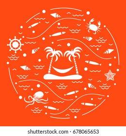 Cute vector illustration with octopus, fish, island with palm trees and a hammock, helm, waves, seashells, starfish, crab arranged in a circle. Design for banner, poster or print. 