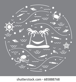 Cute vector illustration with octopus, fish, island with palm trees and a hammock, helm, waves, seashells, starfish, crab arranged in a circle. Design for banner, poster or print. 
