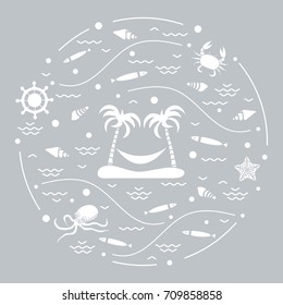 Cute vector illustration with octopus, fish, island with palm trees and a hammock, helm, waves, seashells, starfish, crab arranged in a circle. Design for banner, poster or print. 