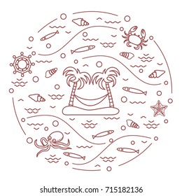 Cute vector illustration with octopus, fish, island with palm trees and a hammock, helm, waves, seashells, starfish, crab arranged in a circle. Design for banner, poster or print. 