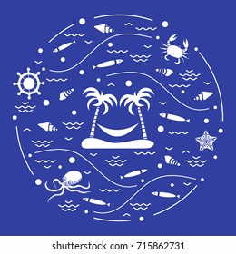 Cute vector illustration with octopus, fish, island with palm trees and a hammock, helm, waves, seashells, starfish, crab arranged in a circle. Design for banner, poster or print. 