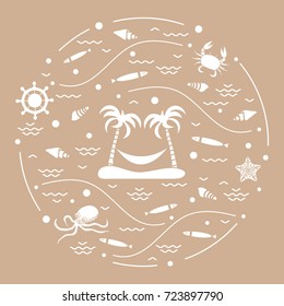 Cute vector illustration with octopus, fish, island with palm trees and a hammock, helm, waves, seashells, starfish, crab arranged in a circle. Design for banner, poster or print. 