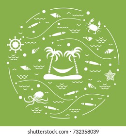 Cute vector illustration with octopus, fish, island with palm trees and a hammock, helm, waves, seashells, starfish, crab arranged in a circle. Design for banner, poster or print. 