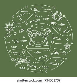 Cute vector illustration with octopus, fish, island with palm trees and a hammock, helm, waves, seashells, starfish, crab arranged in a circle. Design for banner, poster or print. 