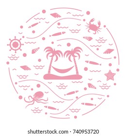 Cute vector illustration with octopus, fish, island with palm trees and a hammock, helm, waves, seashells, starfish, crab arranged in a circle. Design for banner, poster or print. 