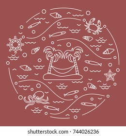 Cute vector illustration with octopus, fish, island with palm trees and a hammock, helm, waves, seashells, starfish, crab arranged in a circle. Design for banner, poster or print. 
