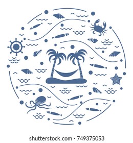 Cute vector illustration with octopus, fish, island with palm trees and a hammock, helm, waves, seashells, starfish, crab arranged in a circle. Design for banner, poster or print. 